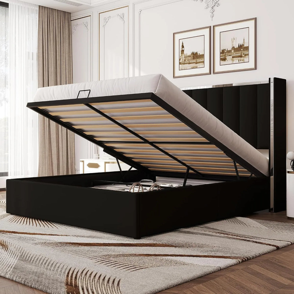 Lit Coffre 140x200 cm — en bois, 140 × 200 cm, 115 cm, noir, revêtement en velours, revêtement en tissu