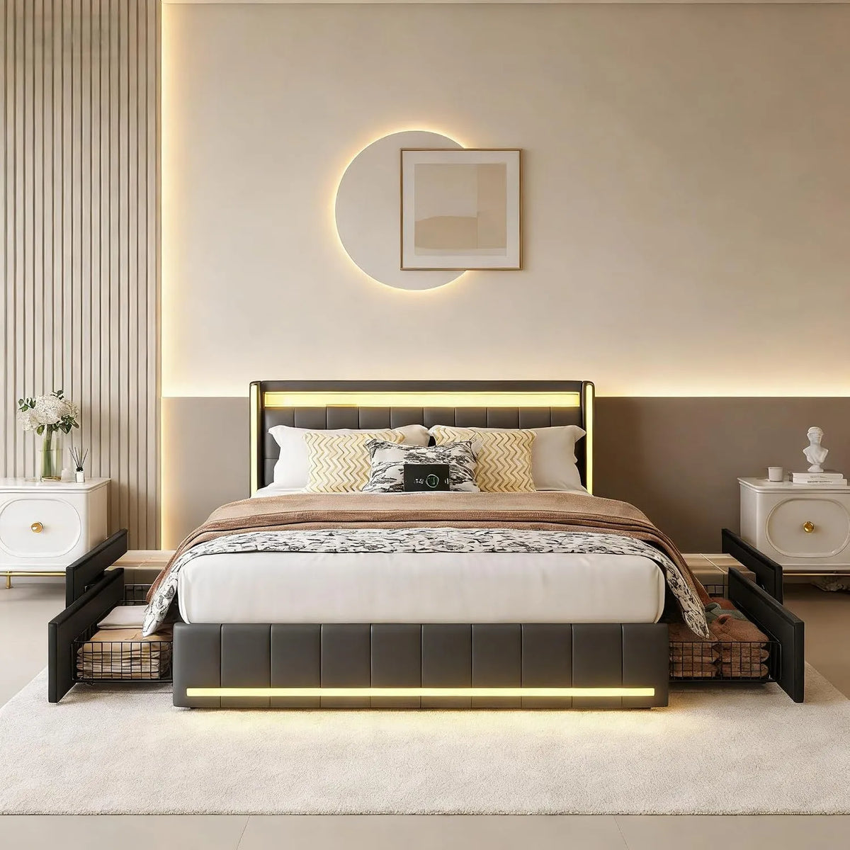 Lit rembourré et cadre de lit tapissé — avec rangement, avec tiroirs, avec port USB, affichage LED, 4 tiroirs, 140 × 200 cm, gris