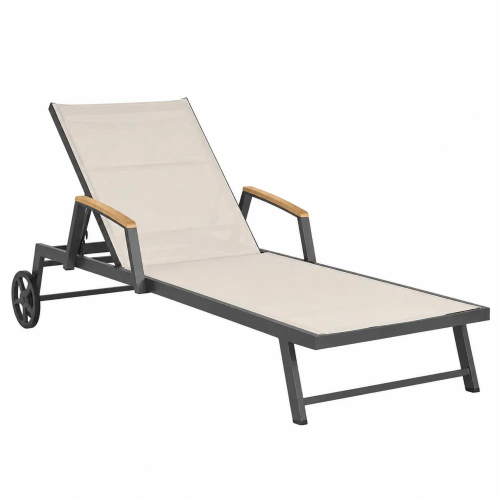 Bain de soleil de jardin inclinable avec roulettes aluminium gris anthracite textilène beige accoudoirs bois 195 x 70 x 100 cm