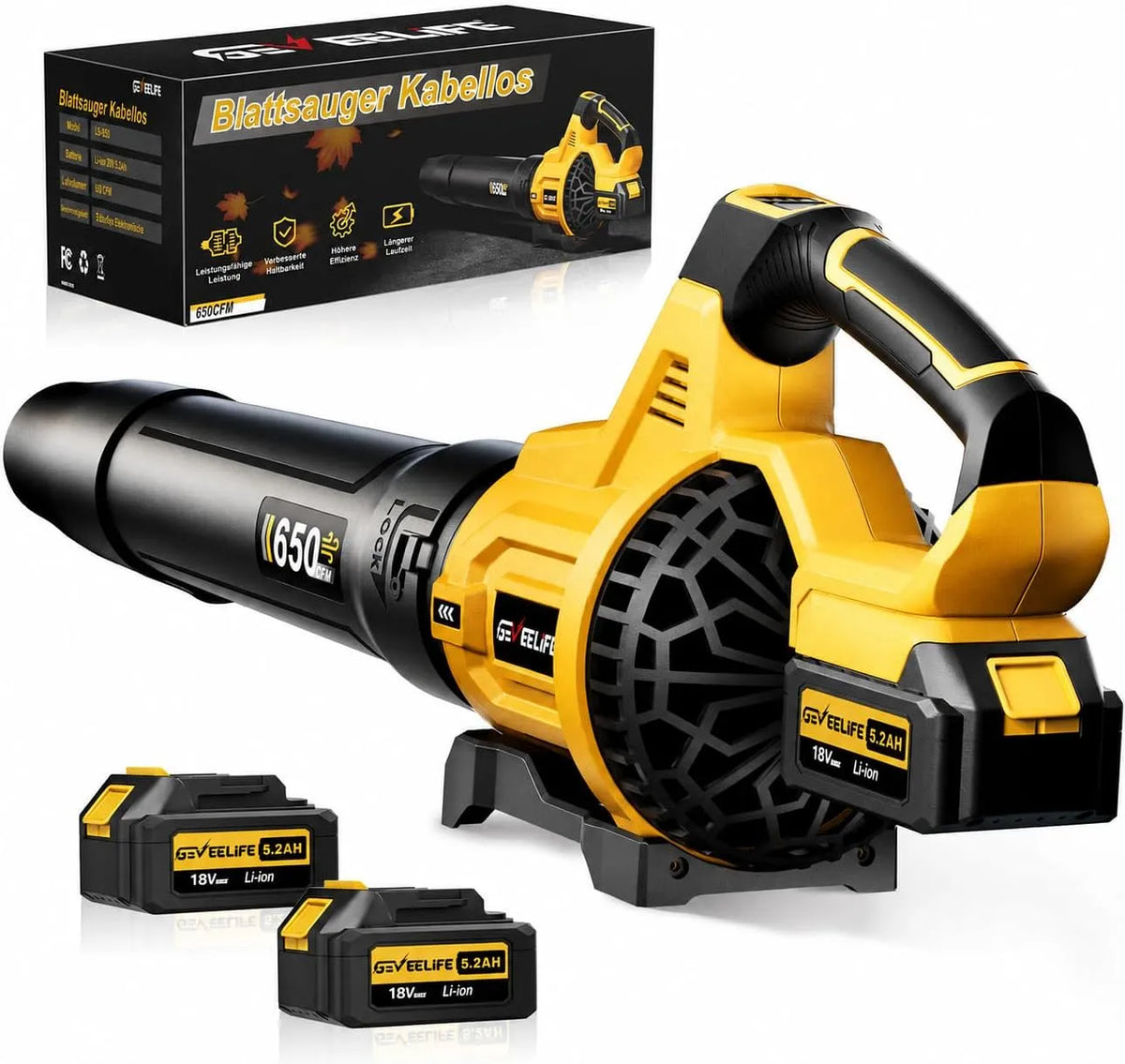 Souffleur de feuilles: 20 V, 5,0 Ah, 257 km/h, 3 Vitesses, pour l'entretien du jardin, jaune