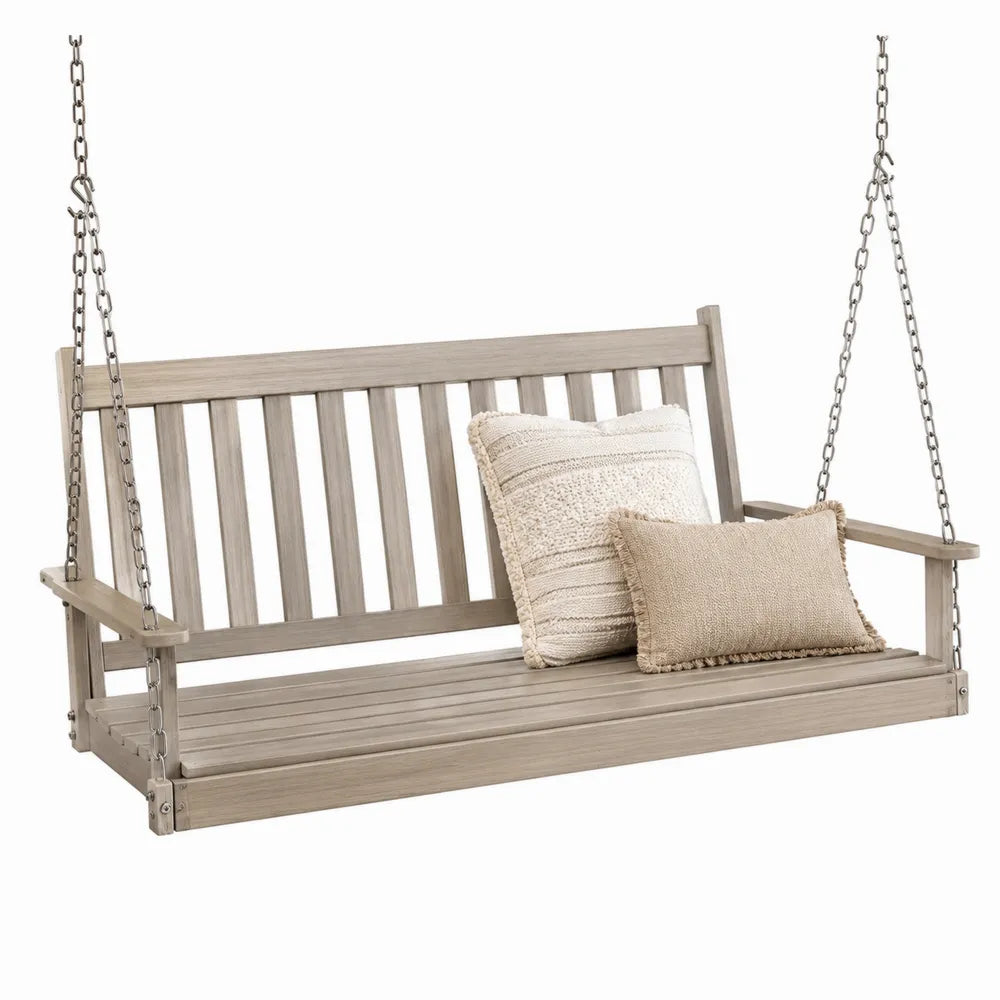 Banc suspendu de jardin 3 places en bois d’acacia avec chaînes acier et coussins polyester beige 152 x 63 x 58 cm