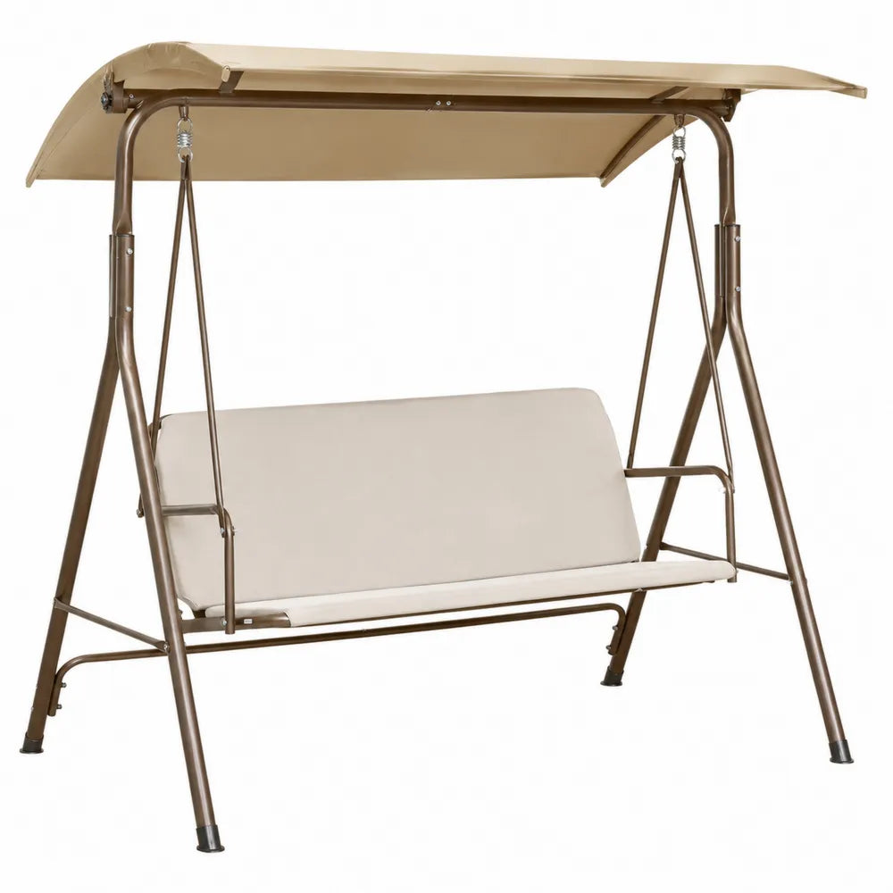Banc balancelle de jardin 3 places avec auvent en acier et coussins beige