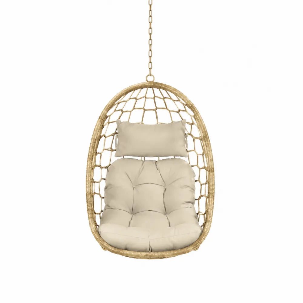 Fauteuil suspendu œuf de jardin en résine tressée PE beige avec coussin polyester crème et chaîne acier 95 cm x 75 cm x 125 cm