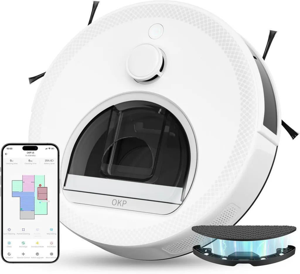 Aspirateur Robot OKP L6, 6000 Pa, Navigation Laser Avancée, Technologie Anti-Collision, Autonomie 150 Min, Recharge Automatique Discrète, WiFi Double Bande, Compatible Alexa, Parfait pour Animaux et Sols Durs, Blanc