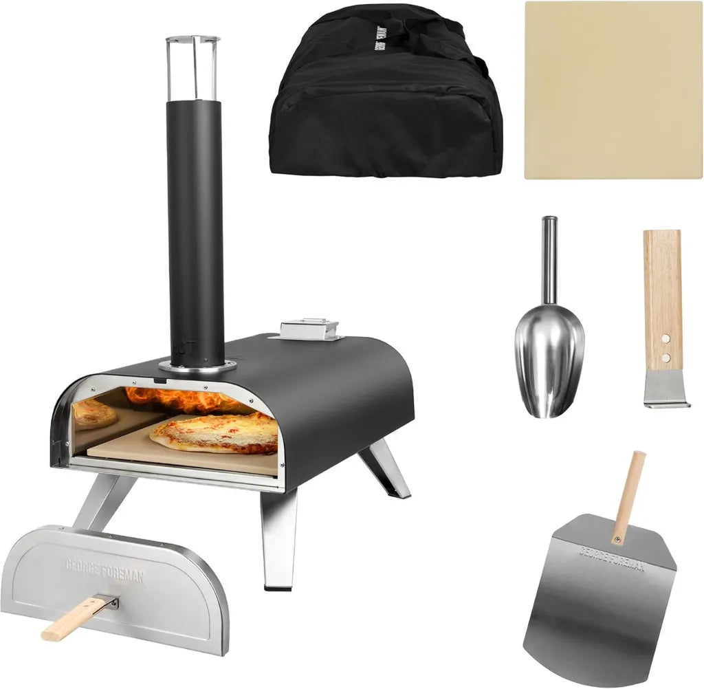 Four à Pizza Portatif à Granulés de Bois George Foreman 30,5 cm, Noir avec Pelle et Sac, Barbecue et Fumoir, Pieds Pliables