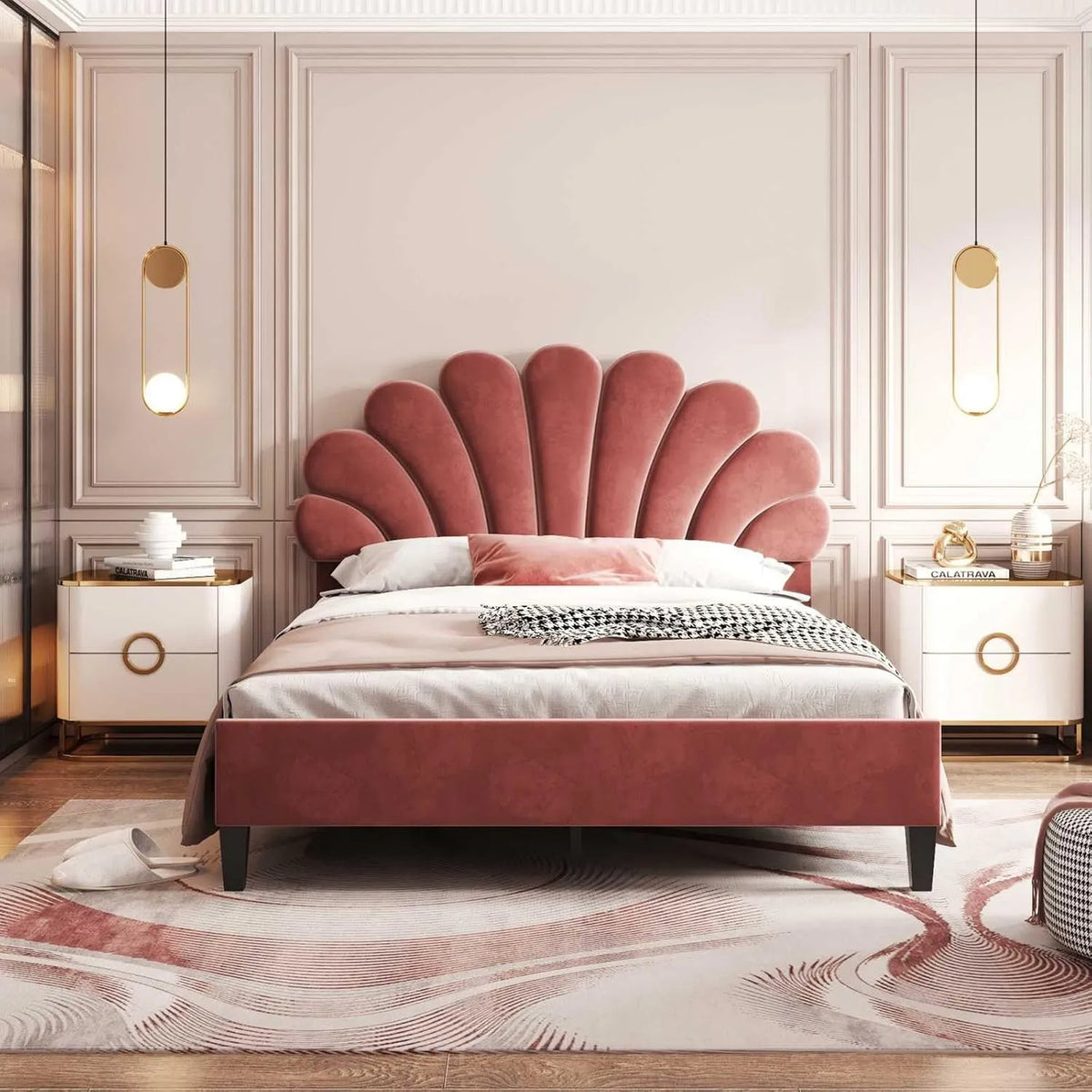 Lit Capitonné Double en Tissu Velours avec Tête de Lit – revêtement en tissu, 140 × 200cm, rouge