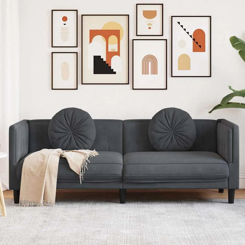 Canapé — revêtement en tissu, en bois, avec coussins, 3 places, gris, revêtement en velours