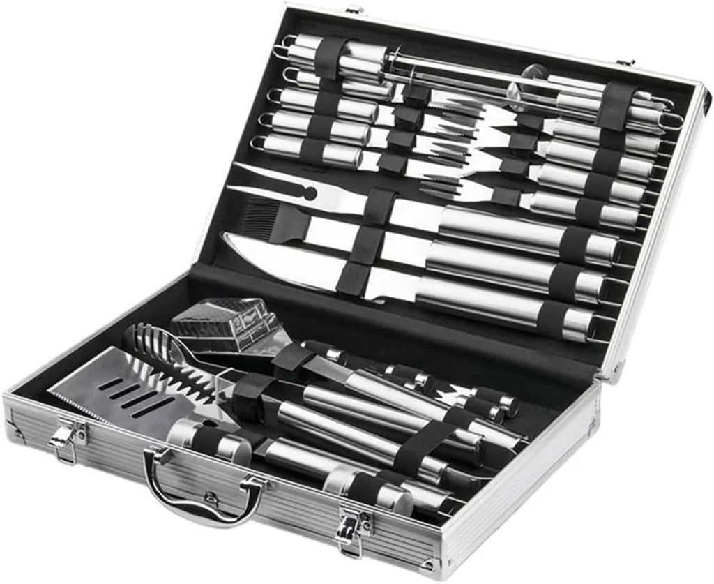 Kit d'Outils pour Barbecue en Acier Inoxydable avec Boîte de Rangement en Aluminium