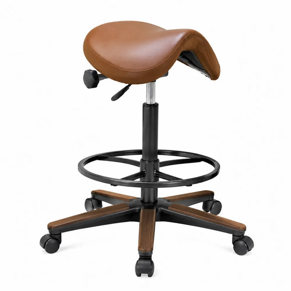 Tabouret de bureau selle réglable à roulettes siège en PU marron structure acier noir et bois 62 cm x 62 cm x 54 à 70 cm