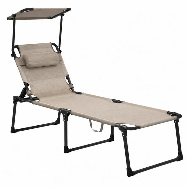 Transat de jardin pliant inclinable avec pare-soleil acier thermolaqué noir et textilène beige 188 x 62 x 105 cm