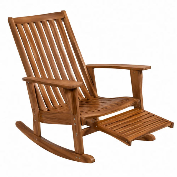 Chaise à bascule extérieure en bois d'acacia massif brun miel avec repose-pieds coulissant 78 cm x 135 cm x 102 cm
