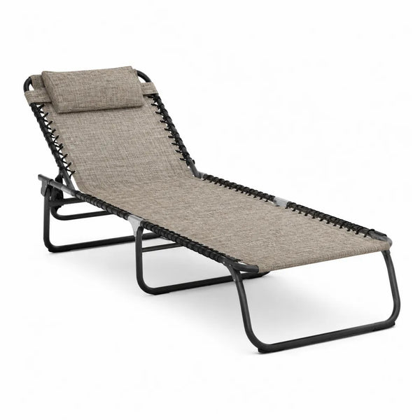 Chaise longue de jardin inclinable en textile gris avec structure en acier noir et appui-tête