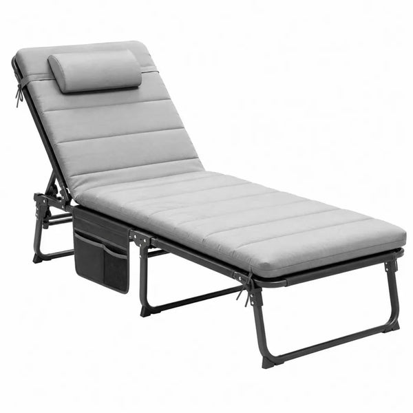 Transat de jardin pliant inclinable avec matelas gris et poche latérale acier thermolaqué noir 190 x 68 x 92 cm