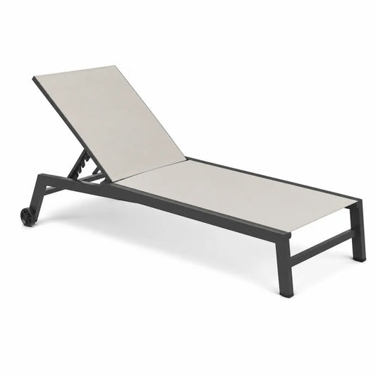 Bain de soleil de jardin réglable en aluminium thermolaqué gris anthracite et textilène beige avec roulettes 195 cm x 65 cm x 95 cm