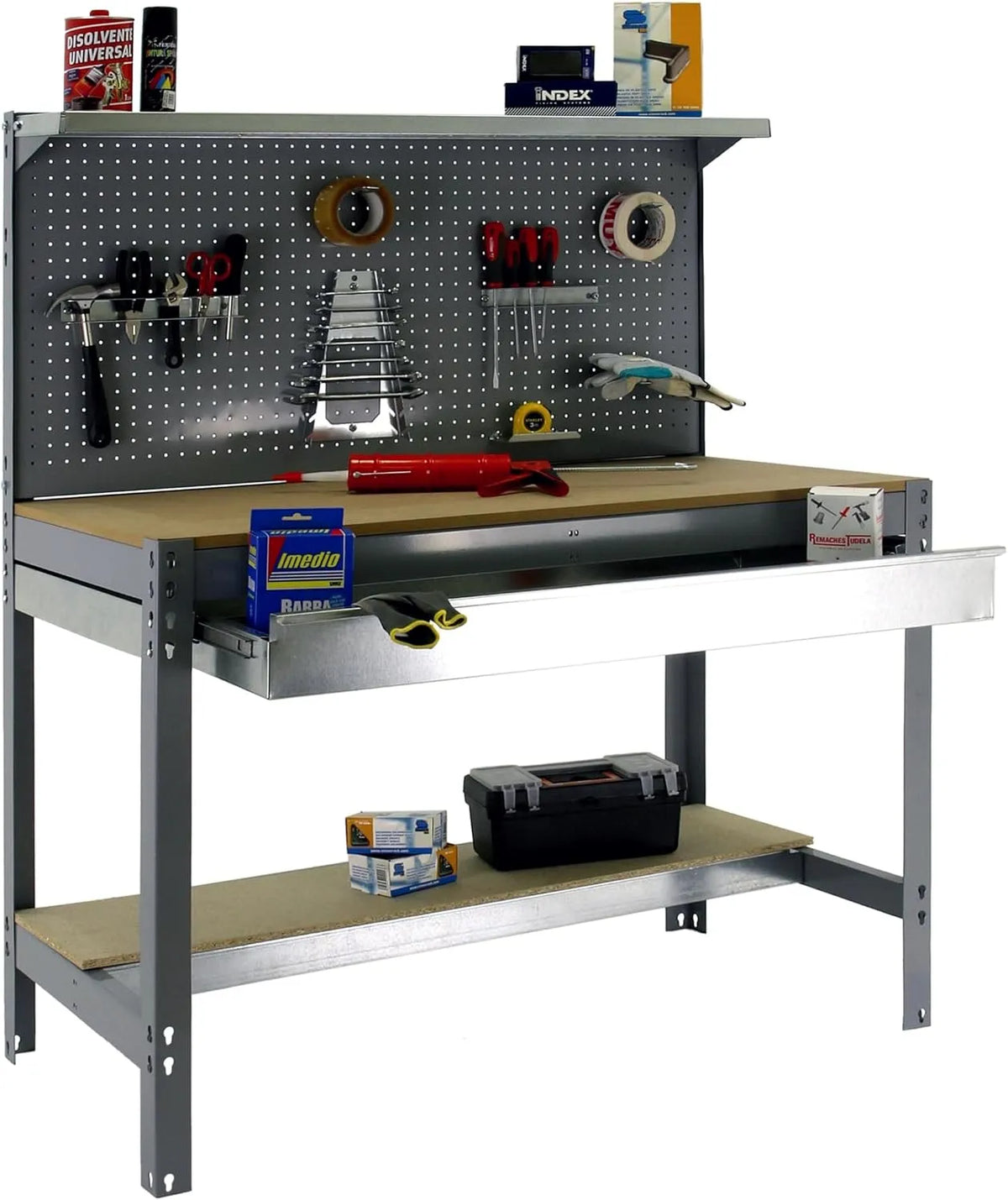 SimonRack Etabli d'Atelier, BT3, avec panneau perforé, en bois, avec rangement, avec tiroirs, 1445 × 1210 × 610 mm, 600 kg