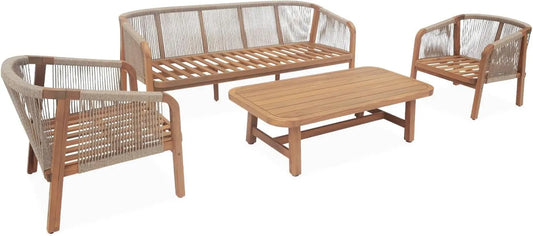 Salon de jardin et ensemble lounge: en bois, avec coussins, 5 Places, beige