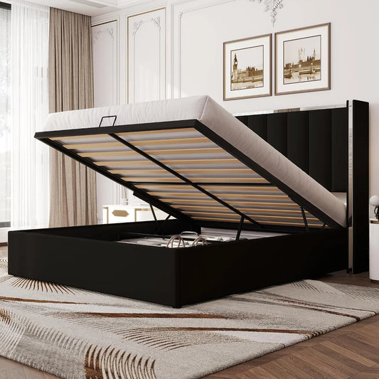 Lit Coffre 140x200 cm — en bois, 140 × 200 cm, 115 cm, noir, revêtement en velours, revêtement en tissu