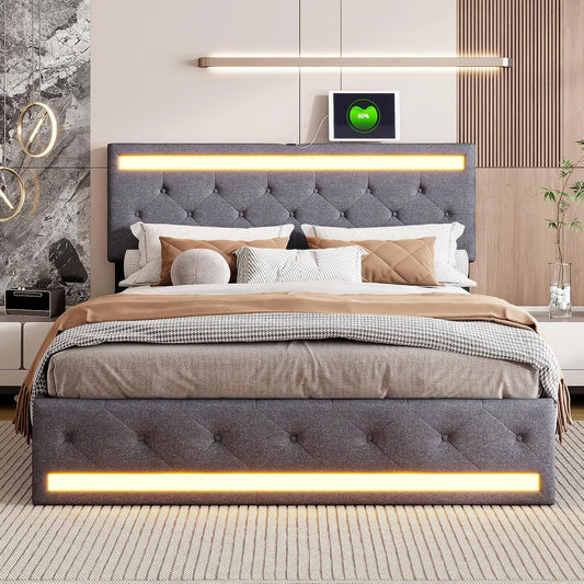 Lit rembourré et cadre de lit tapissé: avec rangement, avec tiroirs, avec port USB, affichage LED, 4 tiroirs, 140 × 200 cm, gris, revêtement en tissu