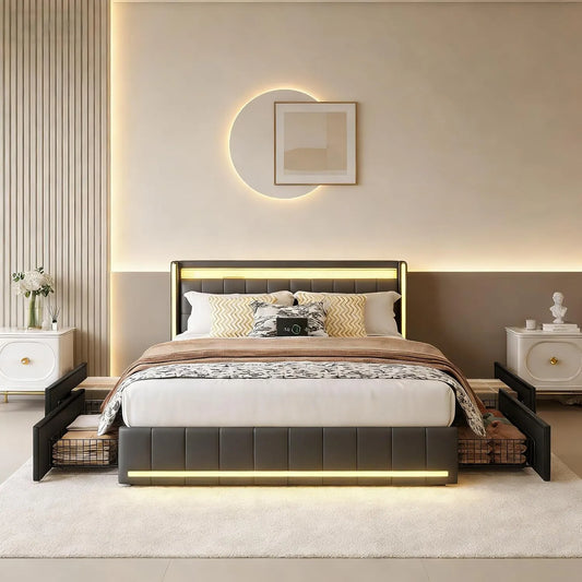 Lit rembourré et cadre de lit tapissé — avec rangement, avec tiroirs, avec port USB, affichage LED, 4 tiroirs, 140 × 200 cm, gris