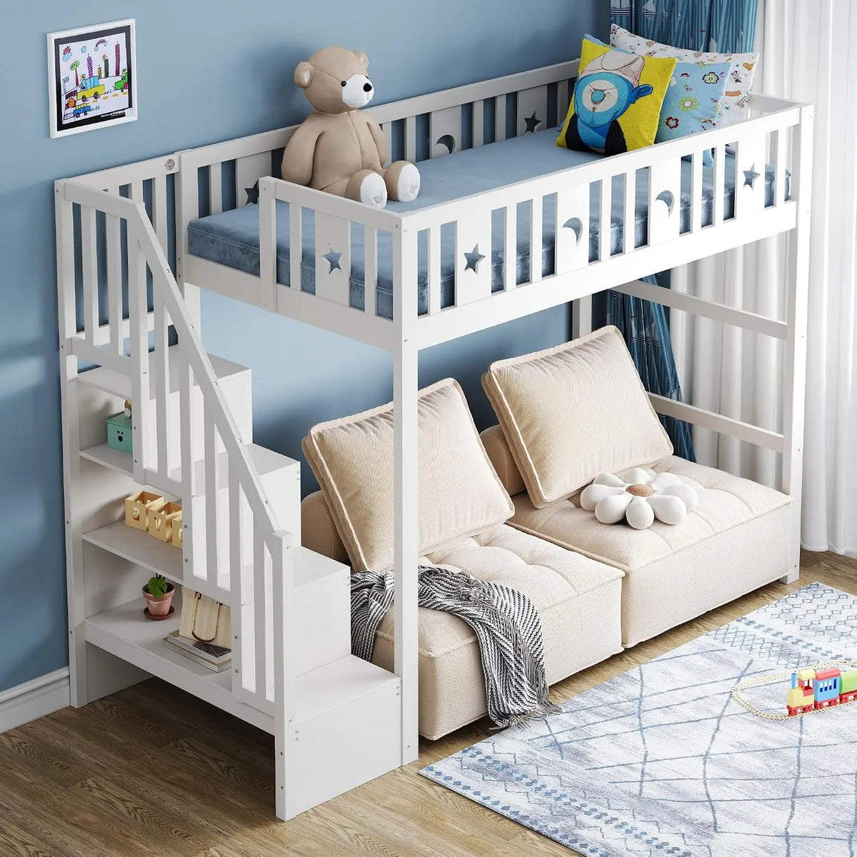 Merax Lit Mezzanine Enfant 90x200 cm — pour enfant, avec rangement, avec escalier, 90 × 200 cm, blanc, revêtement en tissu