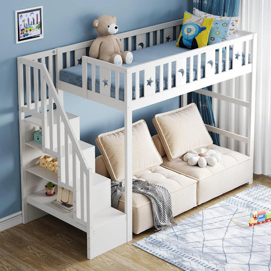 Merax Lit Mezzanine Enfant 90x200 cm — pour enfant, avec rangement, avec escalier, 90 × 200 cm, blanc, revêtement en tissu