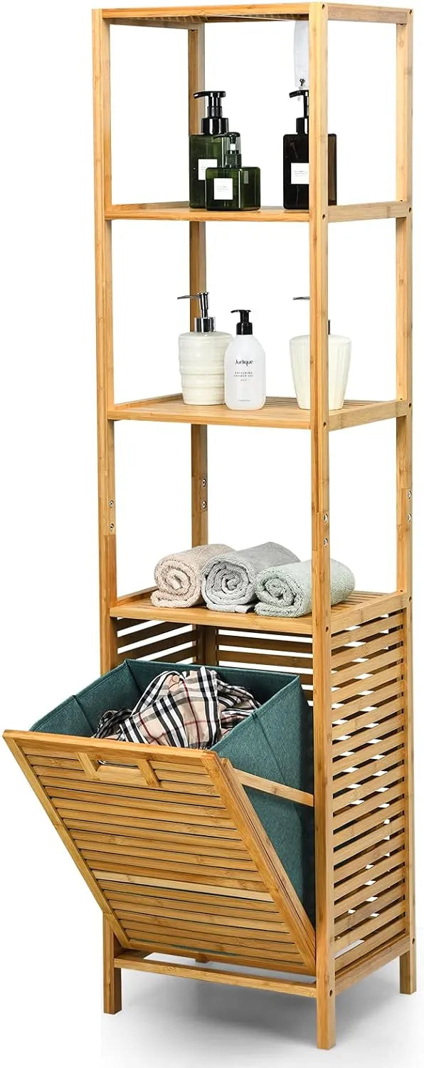 COSTWAY Meuble Salle de Bain avec Panier à Linge Basculant et: en tissu Oxford, avec rangement, 40 × 33 × 160 cm