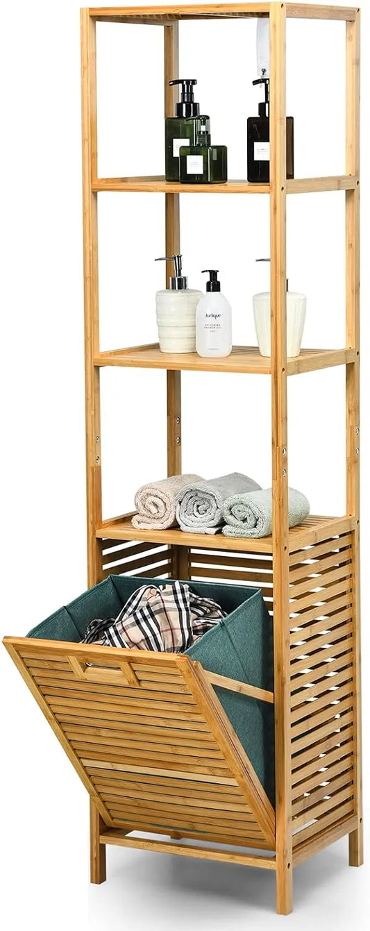 COSTWAY Meuble Salle de Bain avec Panier à Linge Basculant et: en tissu Oxford, avec rangement, 40 × 33 × 160 cm