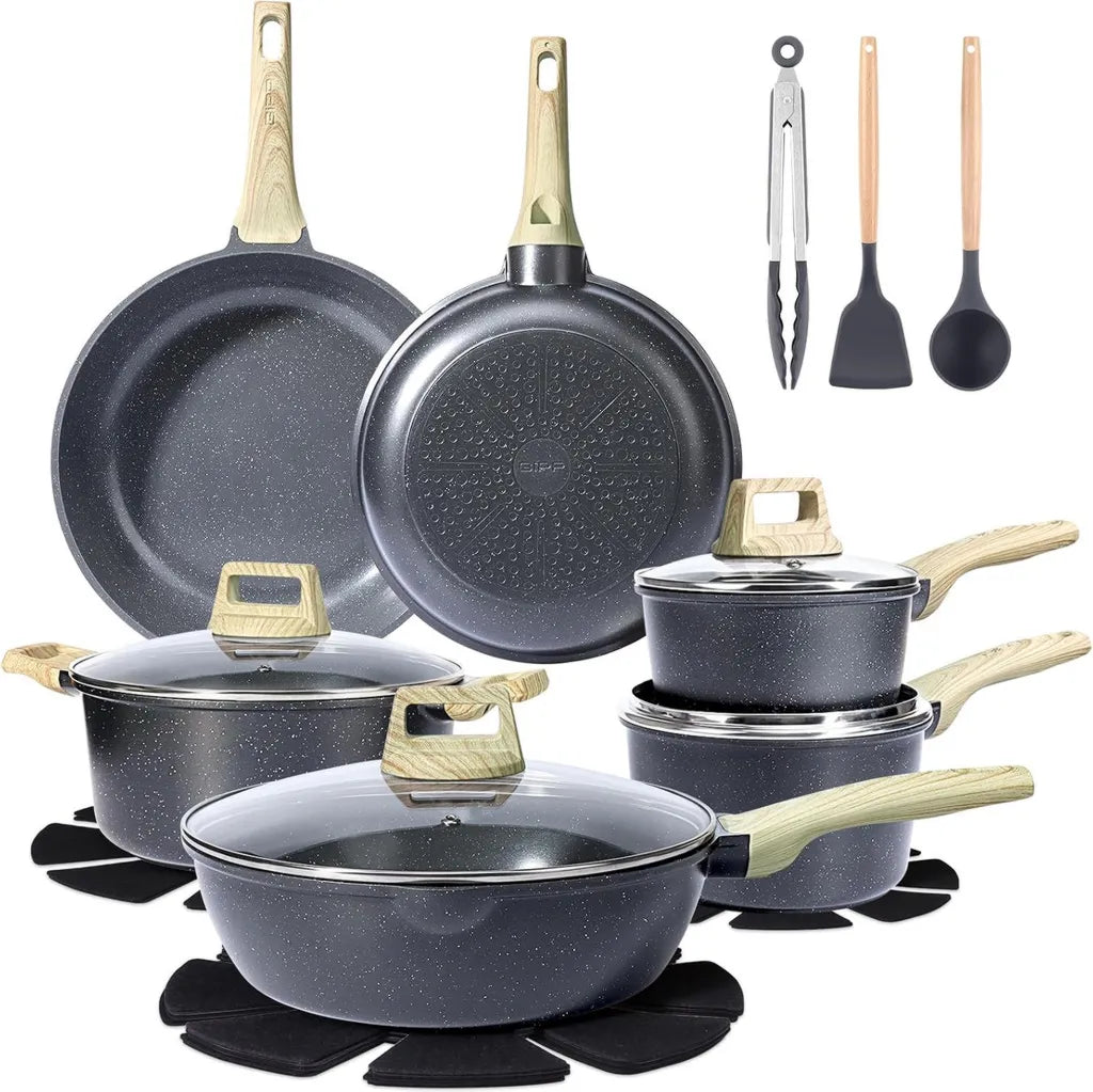 Ensemble de 18 Ustensiles de Cuisine en Céramique Antiadhésive avec Couvercles - Compatible Induction