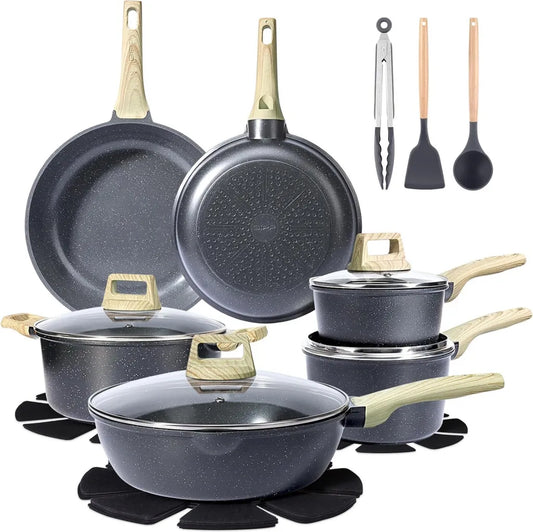 Ensemble de 18 Ustensiles de Cuisine en Céramique Antiadhésive avec Couvercles - Compatible Induction