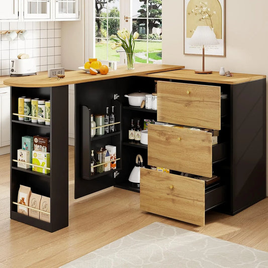Table à manger – avec rangement, avec tiroirs, avec Bibliothèque et étagère de rangements, pivotant, 3 Tiroirs, 204 × 39 × 104 cm, avec étagères