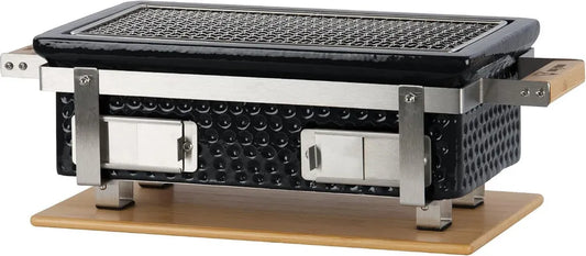 Gril de Table en Céramique avec Support Bois | Barbecue Hibachi Compact au Charbon | 50 x 23 x 17 cm | Sans Électricité | Noir