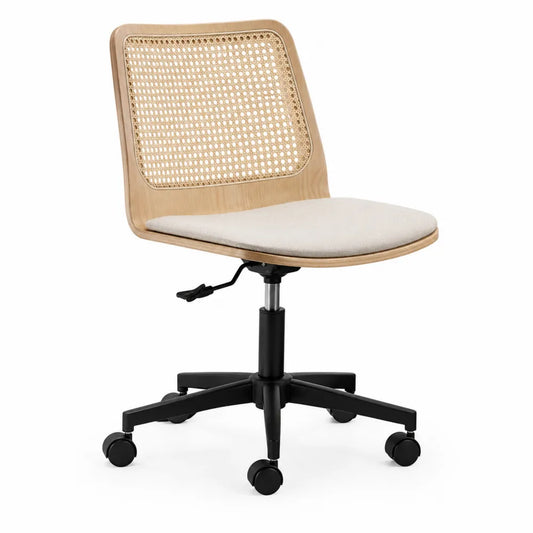 Chaise de bureau réglable à roulettes en contreplaqué naturel et cannage rotin assise beige base noire 48 cm x 55 cm x 82 à 94 cm