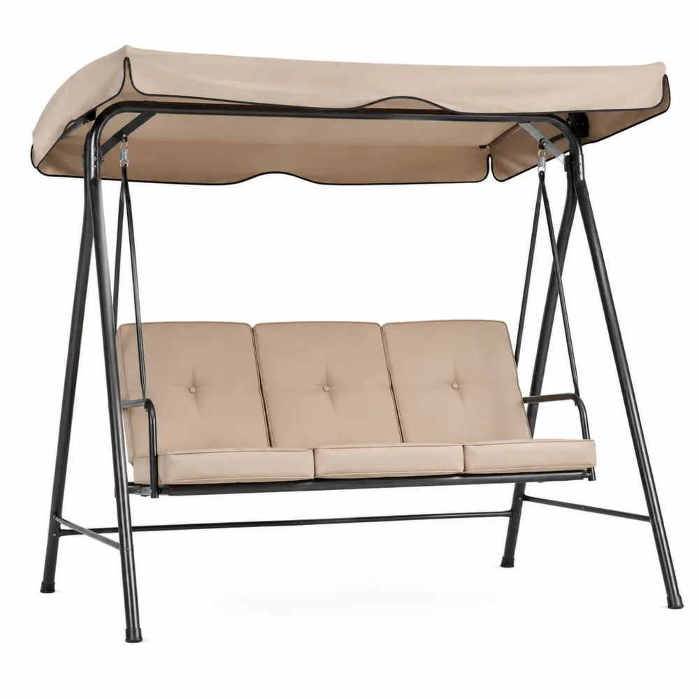 Balancelle de jardin 3 places avec auvent en acier thermolaqué noir et coussins polyester beige 170 cm x 110 cm x 153 cm