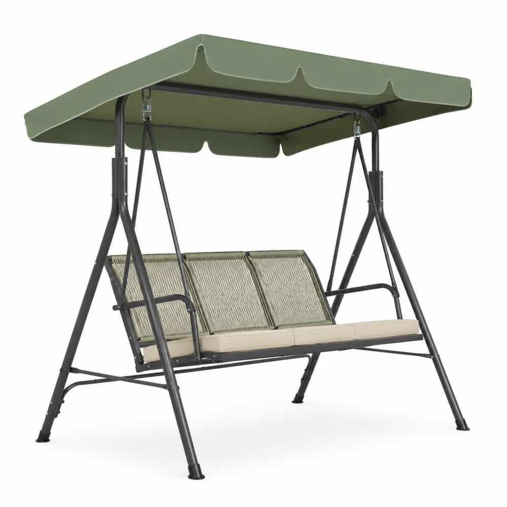 Balancelle de jardin 3 places avec auvent 200 x 120 x 170 cm en acier noir et polyester vert olive avec coussins beige