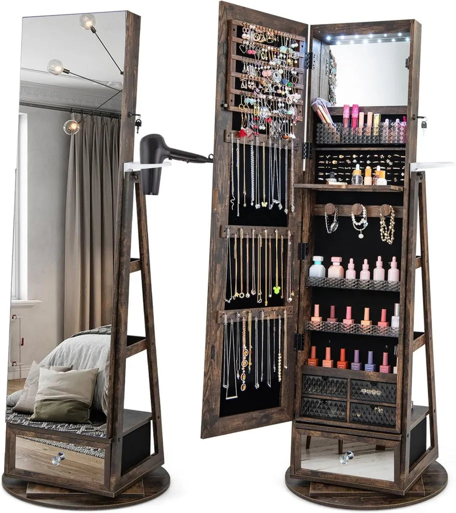 Armoire à Bijoux Pivotante 360° avec Miroir LED et Verrou, Rangement Multifonction en Bois Rustique