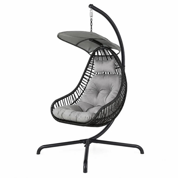 Fauteuil suspendu de jardin œuf avec auvent en résine tressée PE noir et coussins polyester gris 105 cm x 105 cm x 195 cm