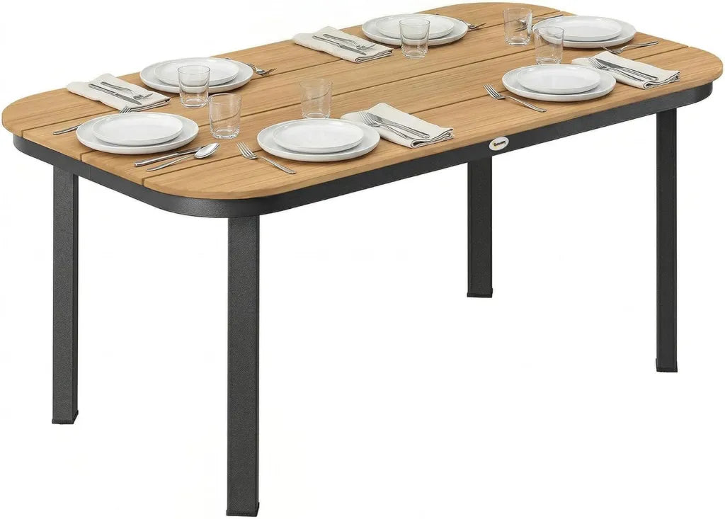 Table de Jardin Outsunny pour 4-6 Personnes, Plateau en WPC, Bords Arrondis, Structure Métallique, 155x88x72cm, Naturel
