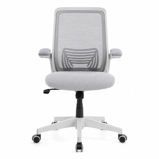 Chaise de bureau à roulettes dossier en maille polyester grise accoudoirs assise rembourrée base blanche 62 cm x 60 cm x 90 à 100 cm