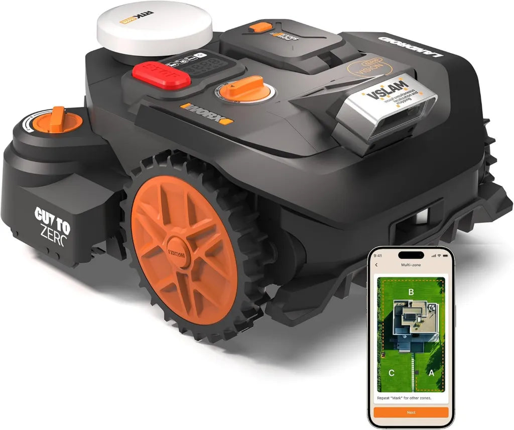 Robot Tondeuse WORX Vision Cloud 2WD WR306E, IA Évitement d'Obstacles, Cartographie Automatique, 600 m², Sans Fil Périphérique