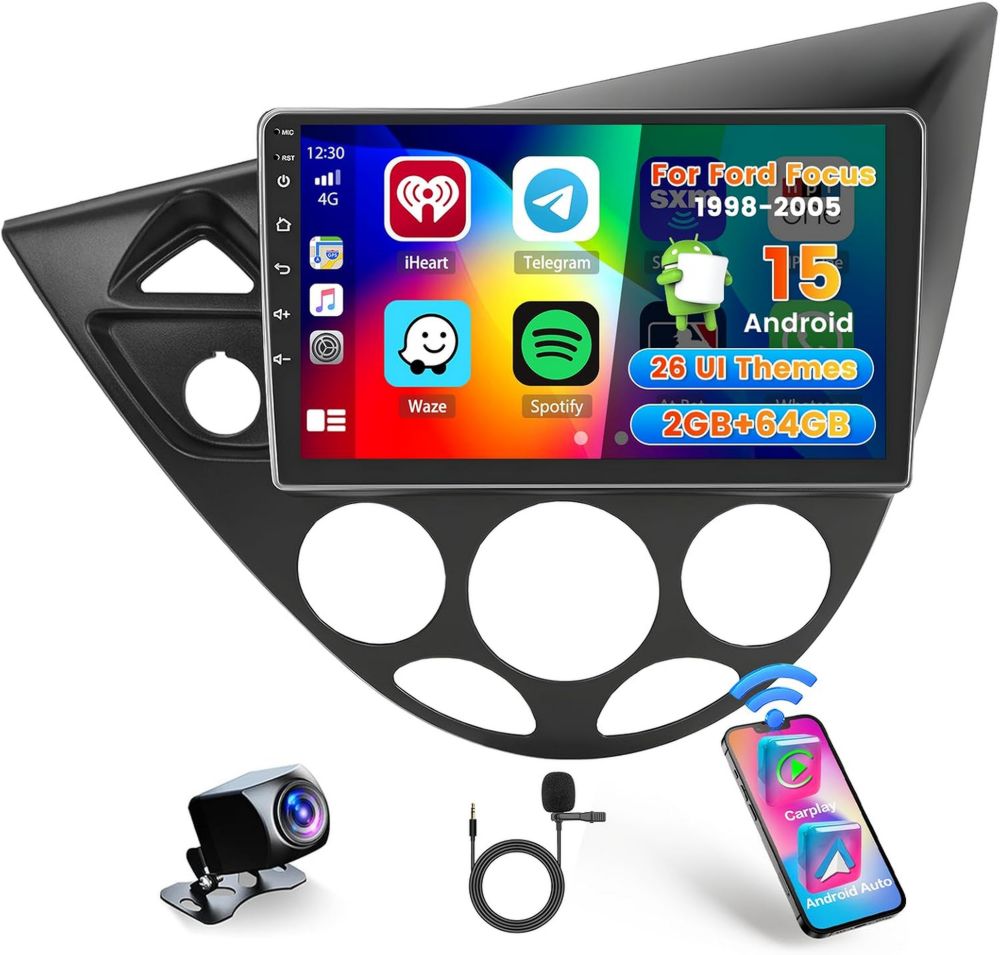 Autoradio Android 15 Hikity 9 Pouces pour Ford Focus MK1 1998-2004, Carplay et Android Auto Sans Fil, Écran Tactile avec GPS et Bluetooth
