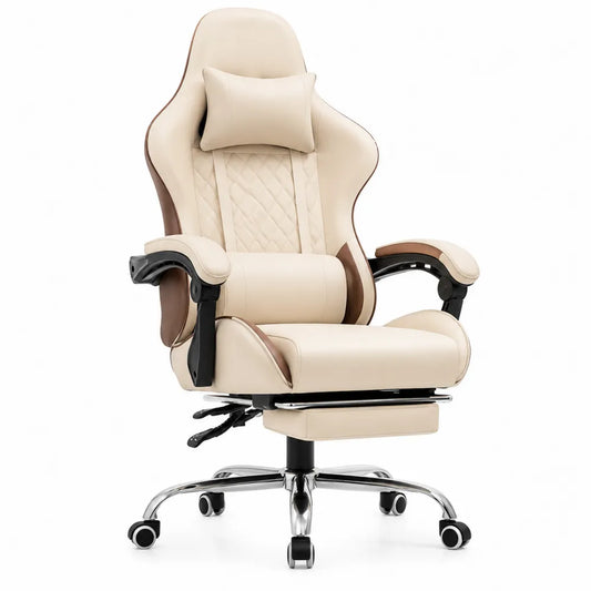 Fauteuil de bureau gaming pivotant à roulettes avec repose-pieds PU beige et marron 68 x 70 x 123-133 cm