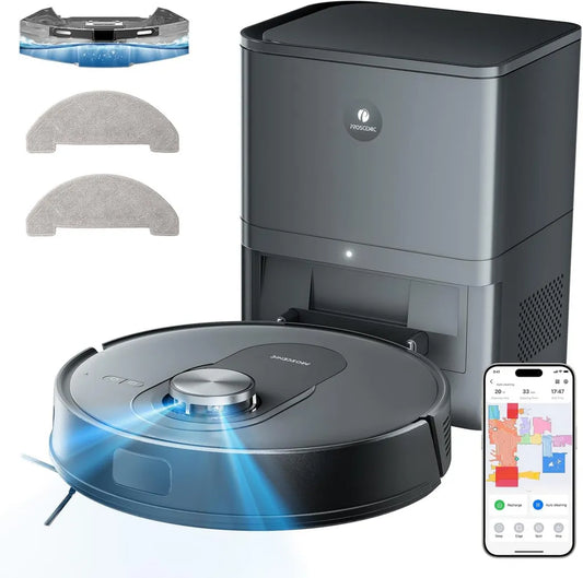 Proscenic Q8 MAX Robot Aspirateur Laveur 6000Pa avec Station, Navigation Lidar et Cartographie Multi-étage, Compatible App/Alexa/Siri/IFTTT, Autonomie 200min pour Poils d'Animaux, Tapis et Sols Durs