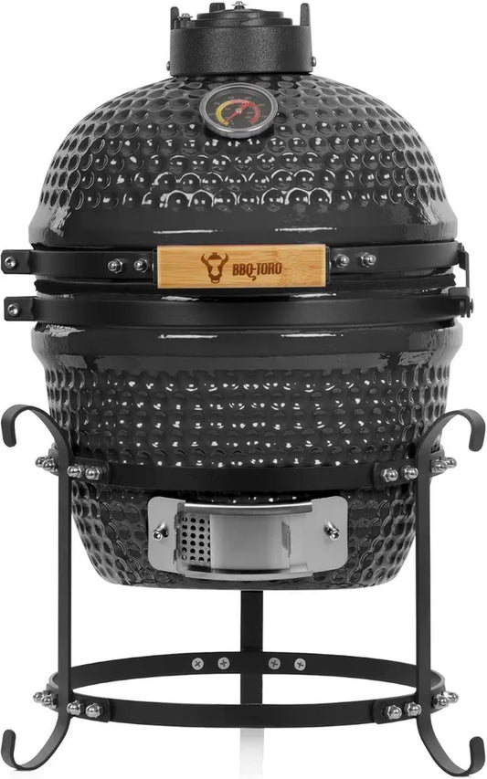 Mini Kamado en céramique Ø 32 cm avec thermomètre et poignée en bois - Barbecue au charbon de bois, gris