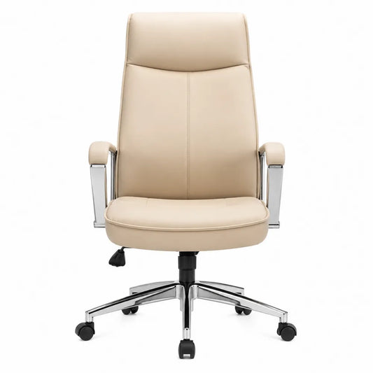 Chaise de bureau pivotante dossier haut en simili cuir PU beige avec accoudoirs et base chromée 66 cm x 68 cm x 111 à 121 cm