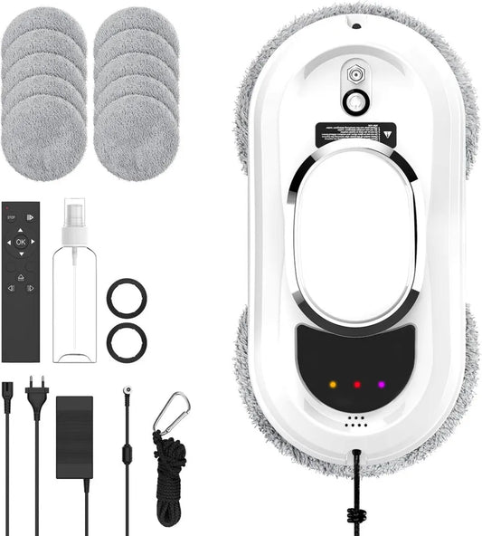 Robot de Nettoyage de Vitres Intelligent, 5600Pa avec Télécommande, Systèmes de Sécurité, 3 Modes et 10 Chiffons pour Surfaces Lisses