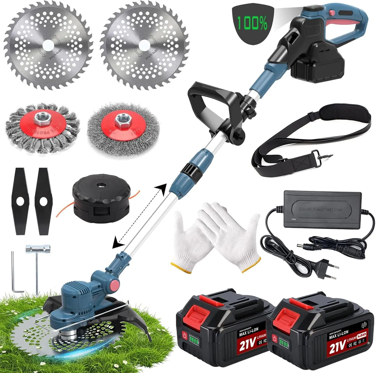 Débroussailleuse – sans fil, moteur sans balais, pliable, 4,0 Ah, 21 V, 750 W, pour l'entretien du jardin