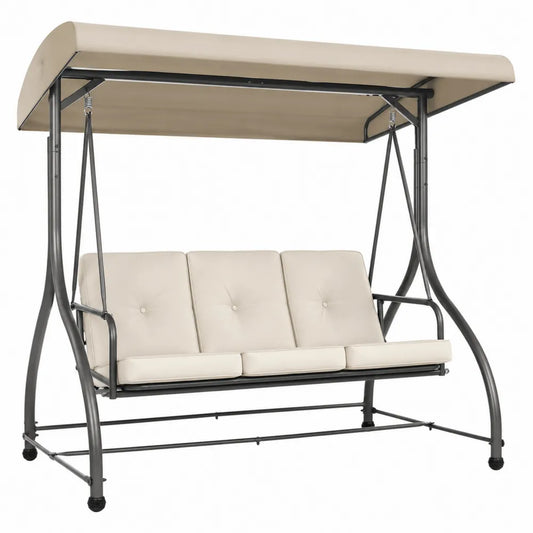 Balancelle de jardin 3 places avec auvent en acier noir et coussins polyester beige 170 cm x 110 cm x 160 cm