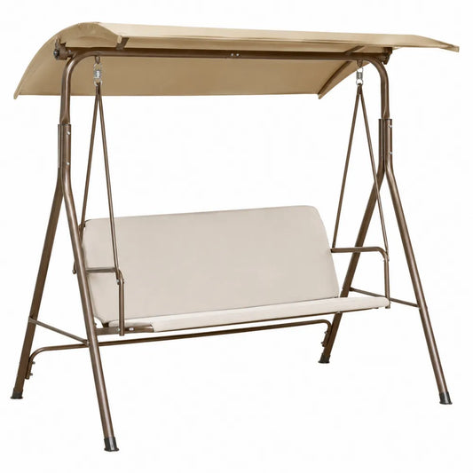 Banc balancelle de jardin 3 places avec auvent en acier et coussins beige