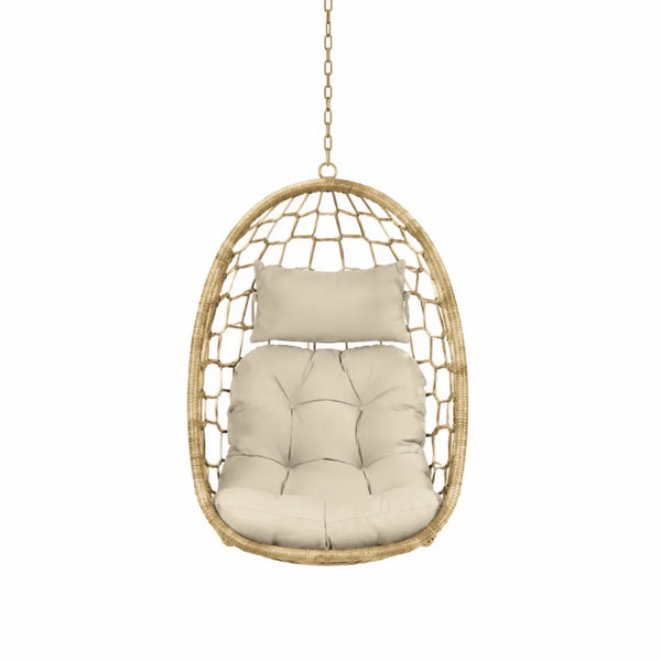 Fauteuil suspendu œuf de jardin en résine tressée PE beige avec coussin polyester crème et chaîne acier 95 cm x 75 cm x 125 cm