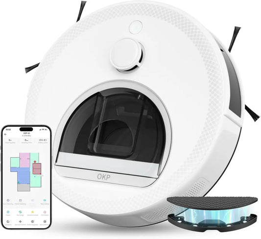 Aspirateur Robot OKP L6, 6000 Pa, Navigation Laser Avancée, Technologie Anti-Collision, Autonomie 150 Min, Recharge Automatique Discrète, WiFi Double Bande, Compatible Alexa, Parfait pour Animaux et Sols Durs, Blanc